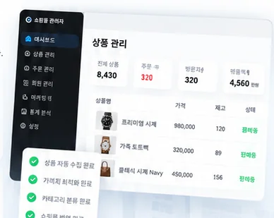 쇼핑몰 상품 관리와 자동 수집 현황을 보여주는 시각적 예시 화면